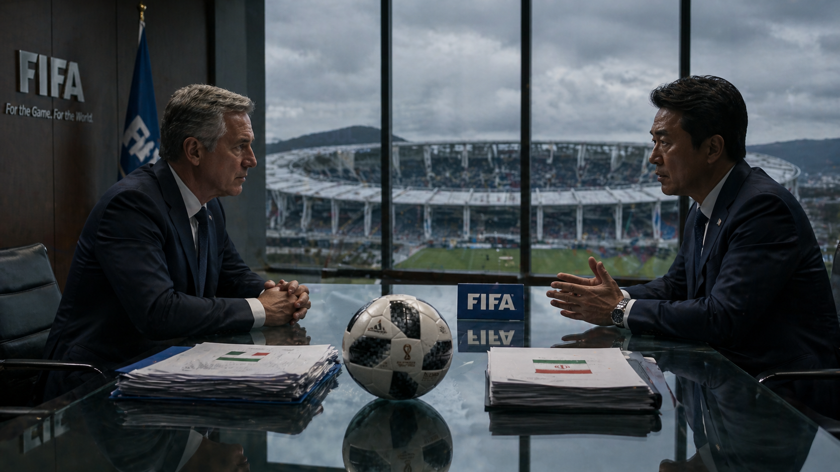 6 FIFA 본부 앞 갈등의 외교 — 투명한 유리창 너머 보이는 경기장.png