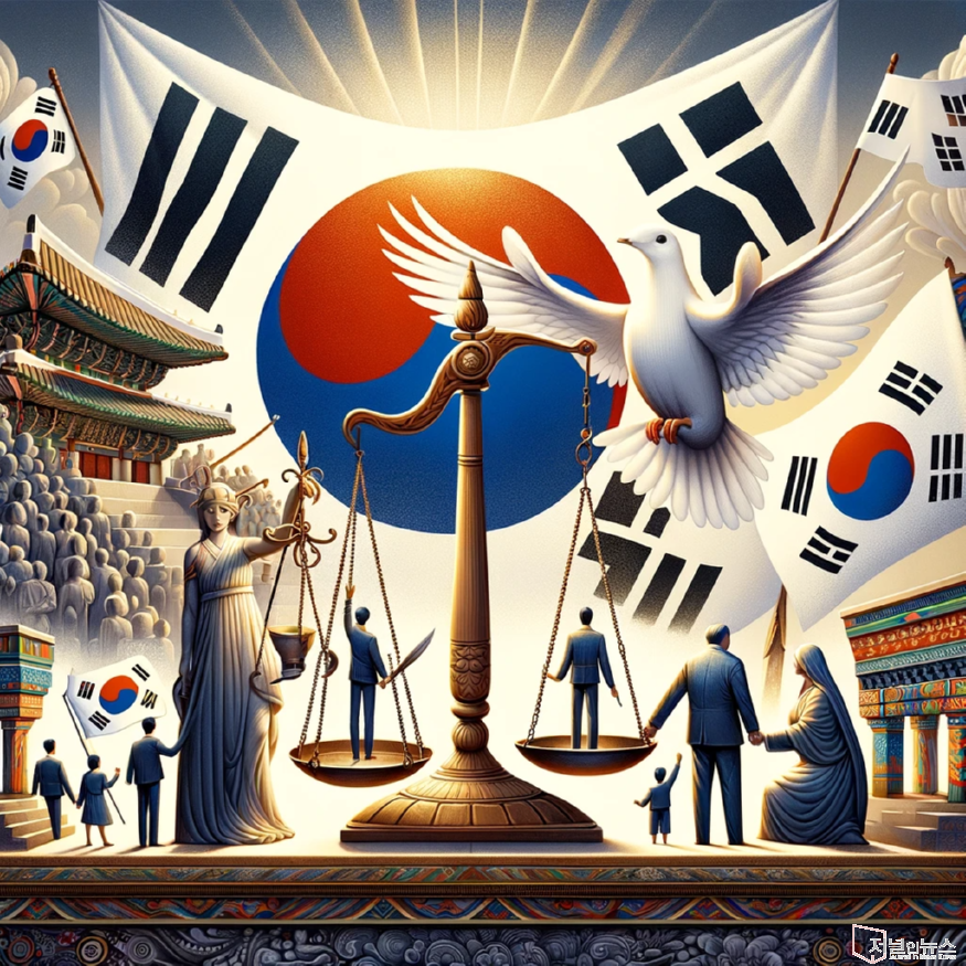 DALL·E 2024-01-05 16.44.38 - A symbolic representation of the core values of the South Korean Constitution_ democracy, freedom, equality, and peace. The image includes iconic elem.png