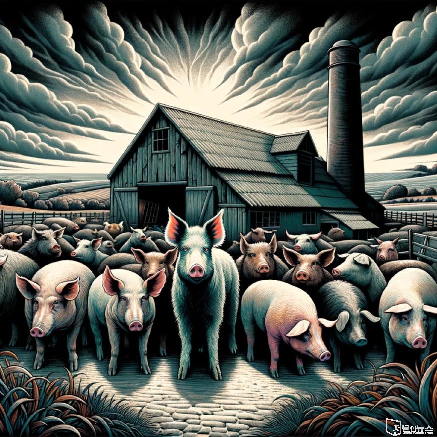 DALL·E 2024-03-30 11.51.00 - A vivid illustration inspired by George Orwell's Animal Farm, showcasing a group of animals standing in solidarity in front of a rustic barn under a g.jpg