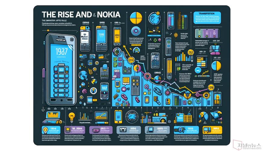 DALL·E 2024-03-16 18.28.24 - Create an infographic in 16_9 ratio that illustrates the rise and fall of Nokia. Start with its dominance in the mobile phone market in the late 1990s.jpg